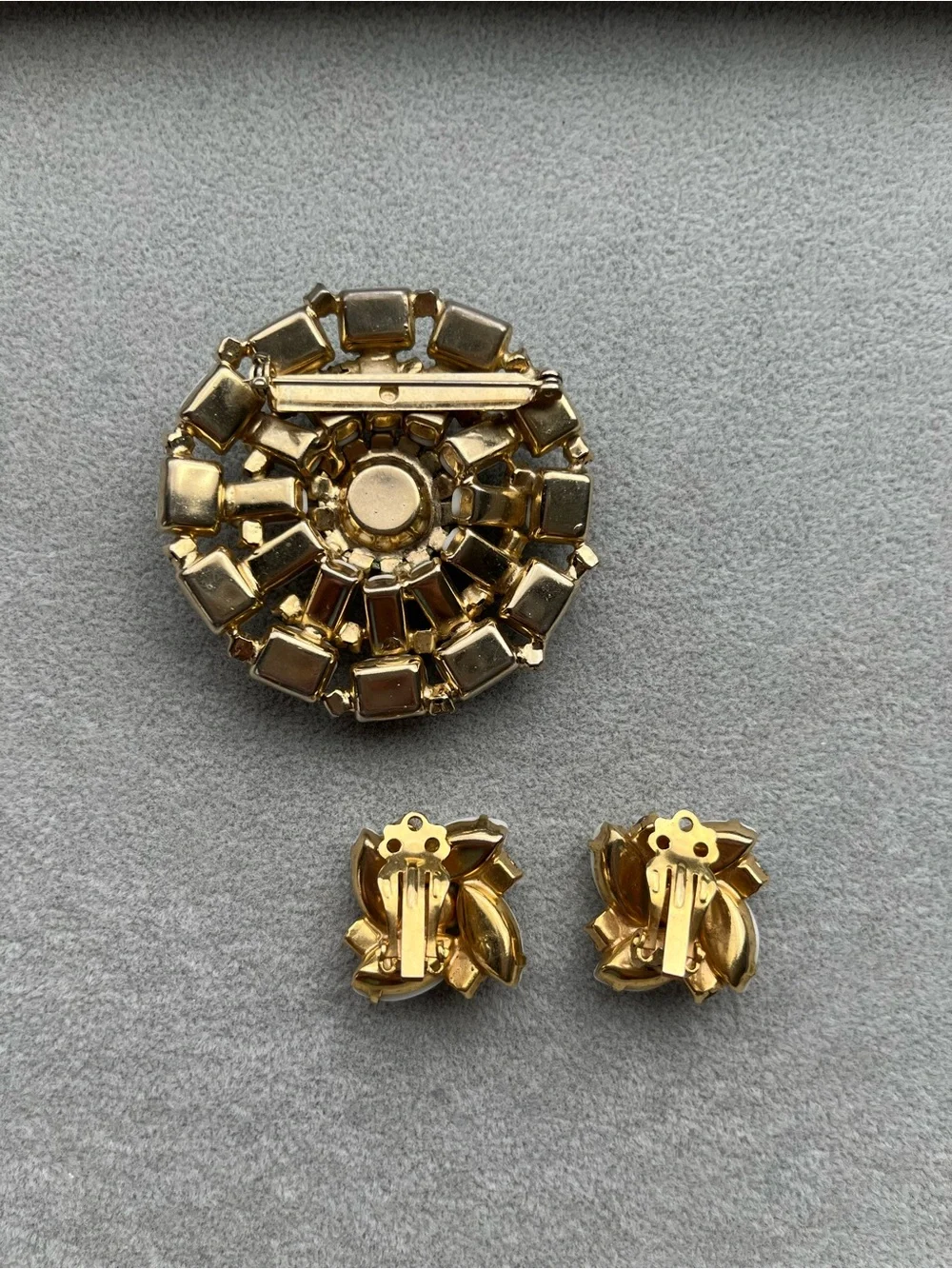 Vintage Milk Glass Rhinestone Brooch Earring Set
